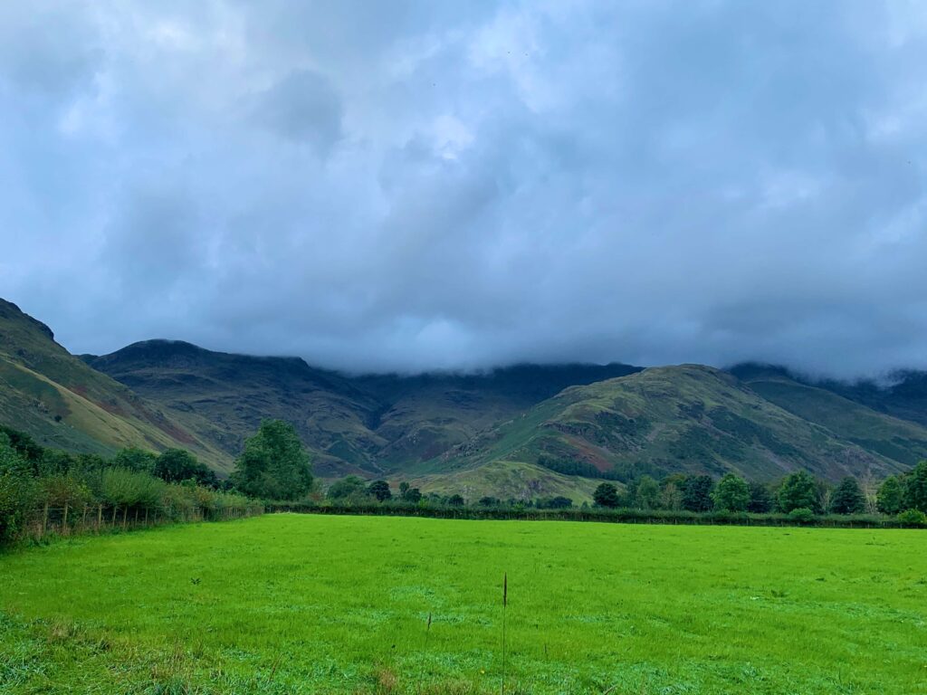 The spectacular mountain views from the Great Langdale campsite.