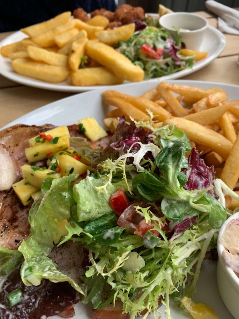 Gammon, chips and salad