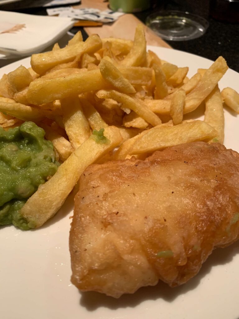 Fish, chips and mushy peas