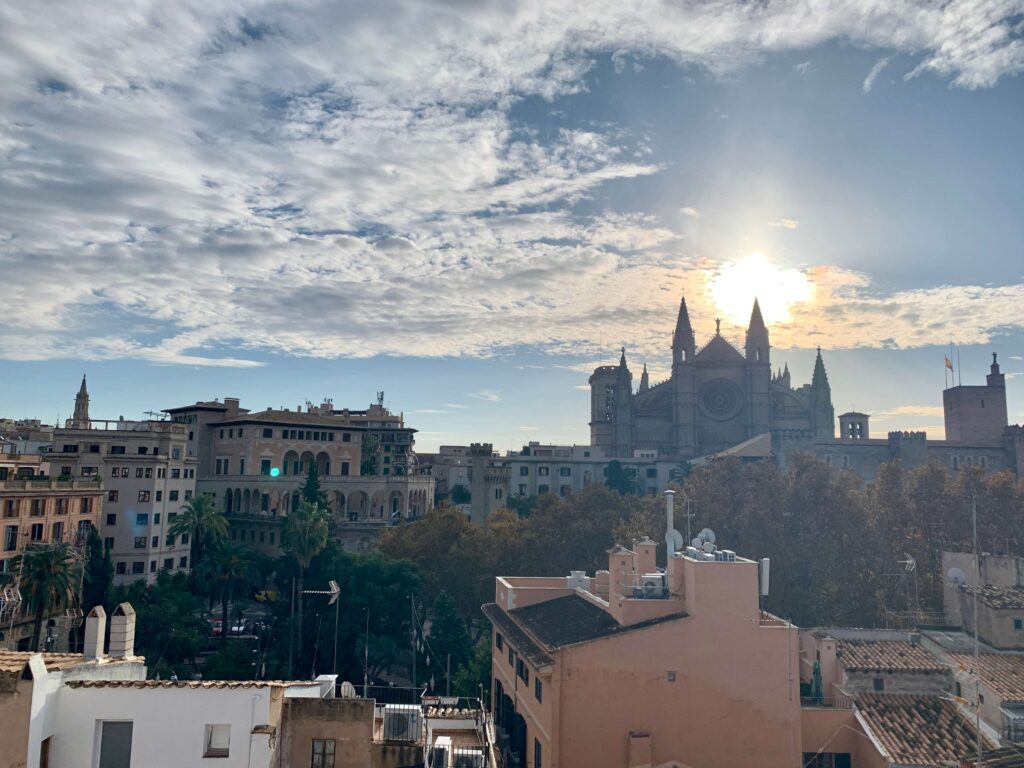 View of Palma Cathedral and the city skyline from Apuntadores Hostal