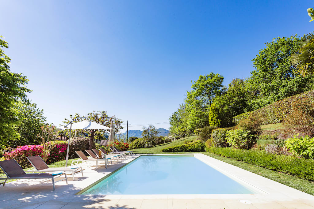 Large swimming pool with sunbeds on one side, surrounded by trees