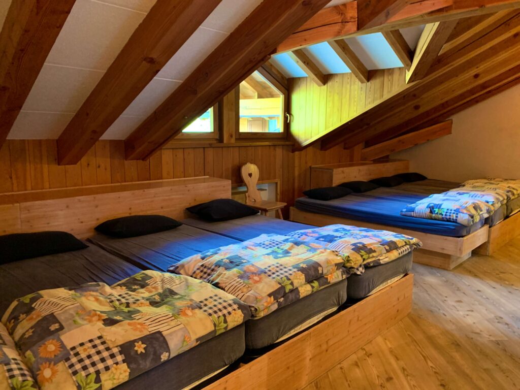 Line of beds together in a dorm room