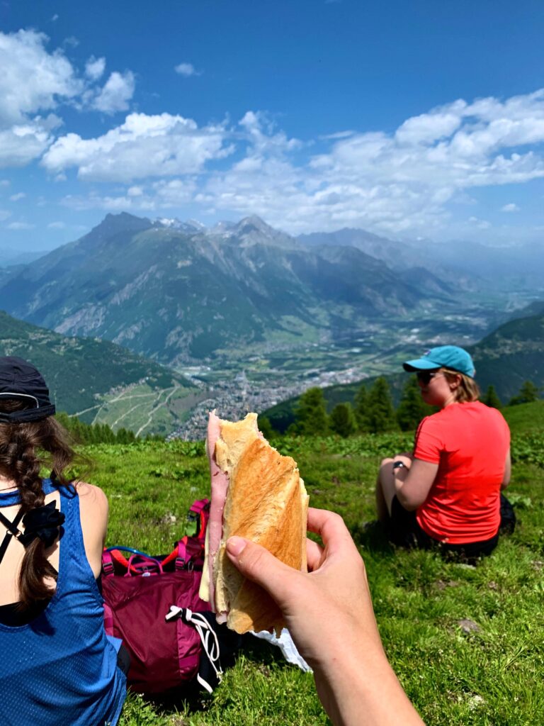 A baguette being held in front of a spectacular mountain view