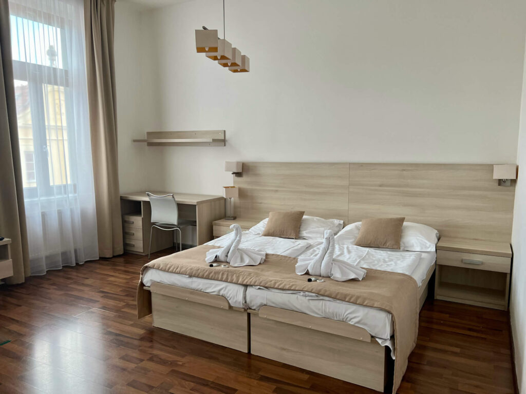 The bedroom at Residence U Černé Věže, an apartment in Ceske Budejovice.