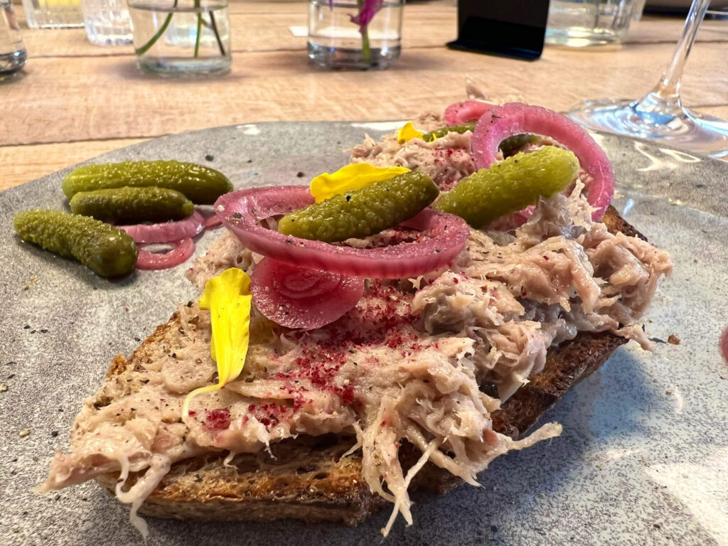 Topinka an open-topped sandwich with duck, red onion and pickles on top.