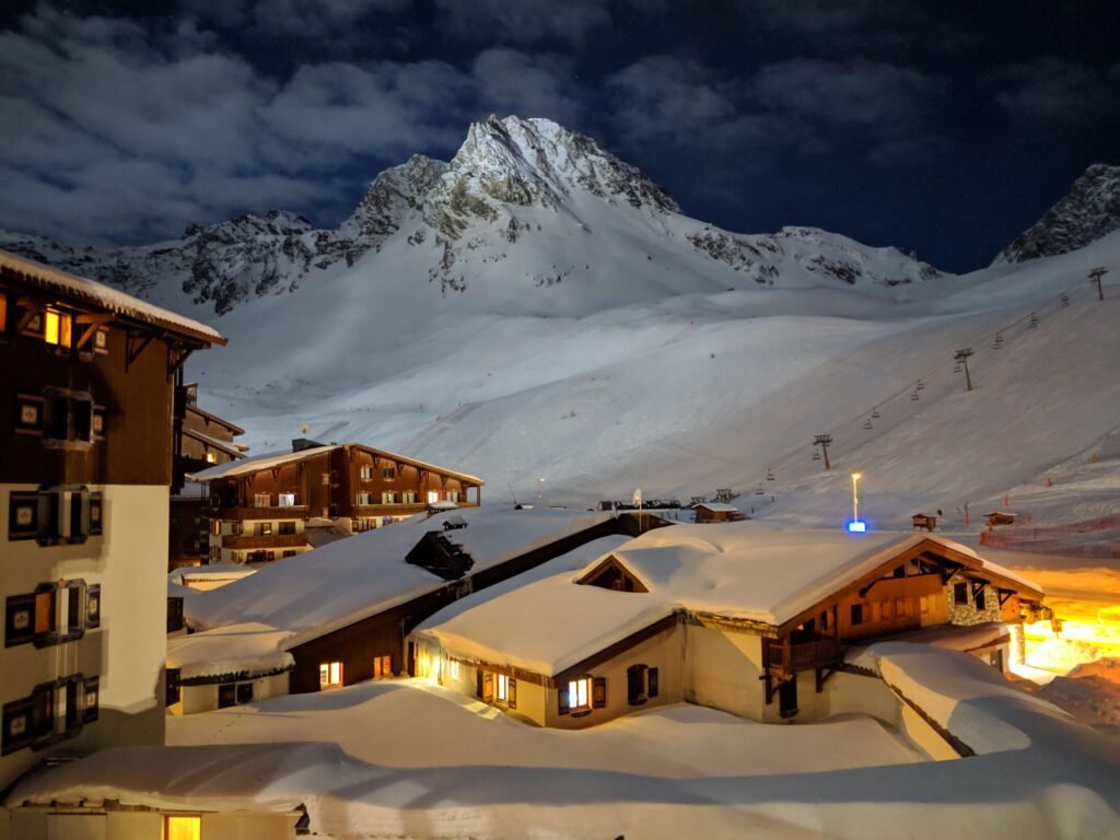 The ski resort of Tignes at night.