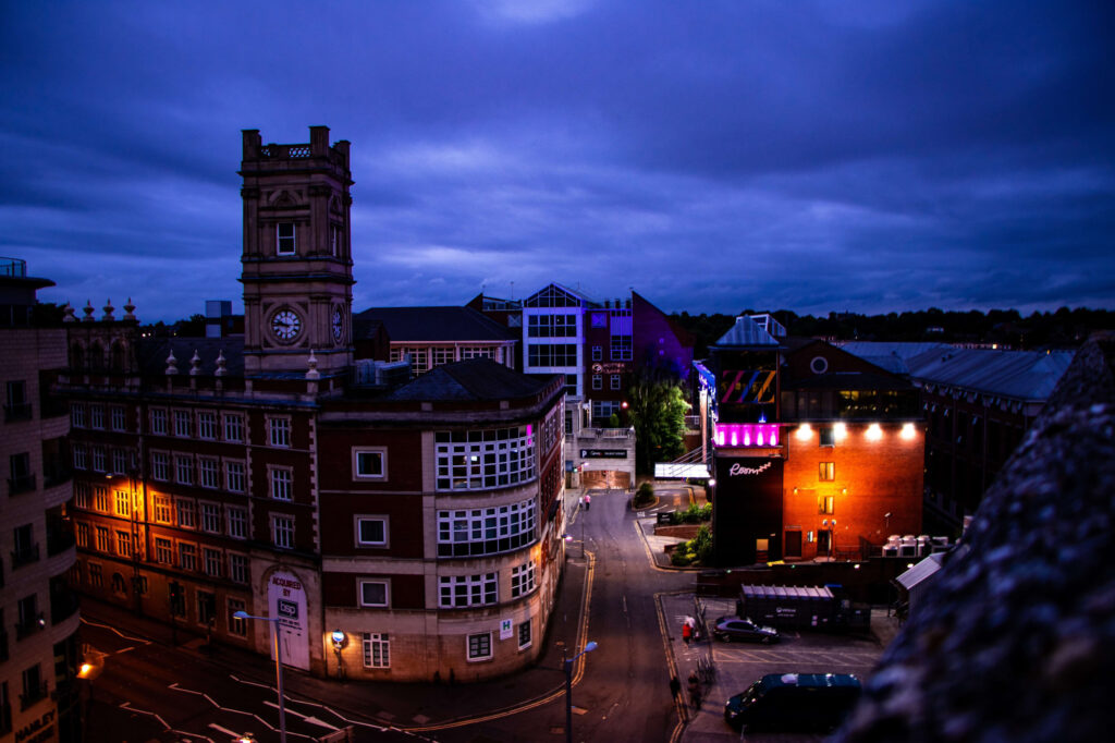 Buildings in Nottingham at night.