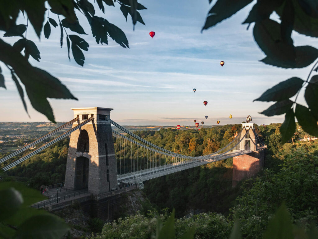 Hot air balloons over the Clifton Suspension Bridge during the Bristol Balloon fiesta.