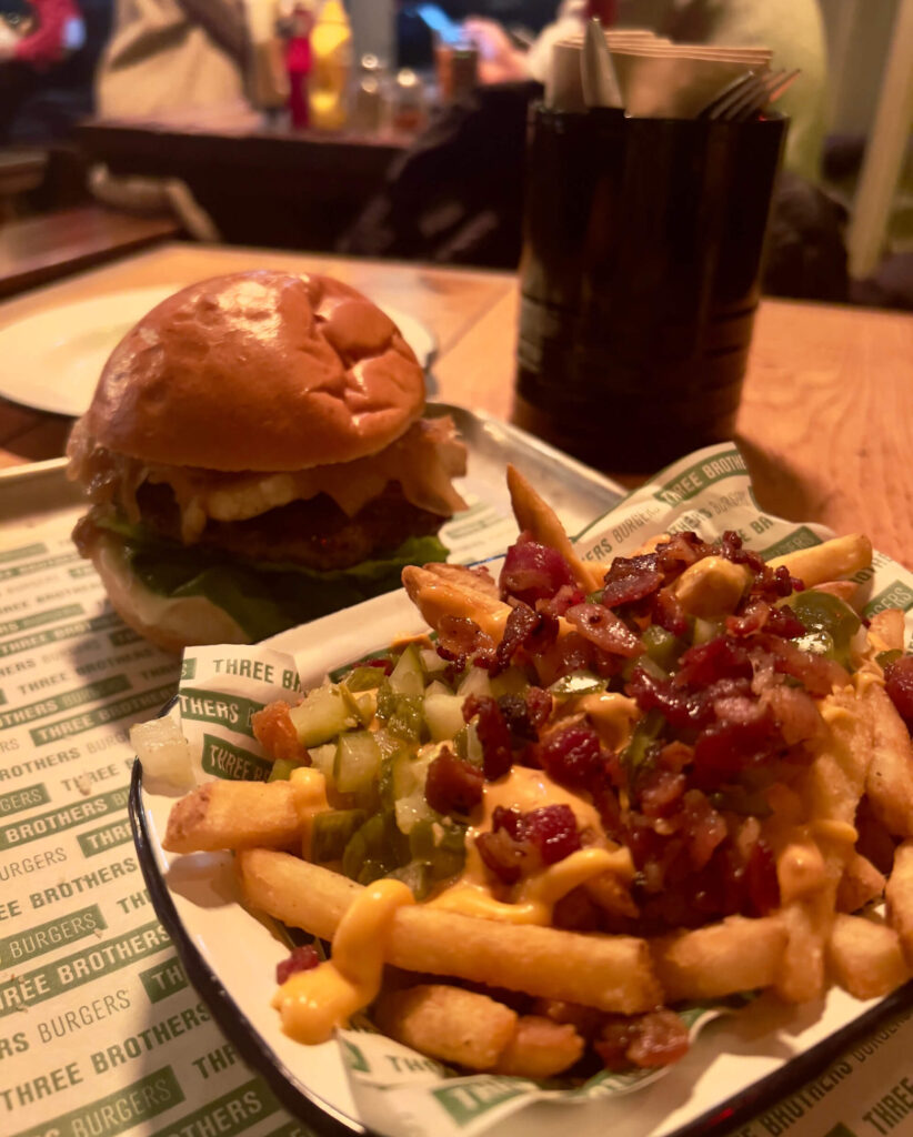 Burger and dirty fries at Three Brothers in Bristol.