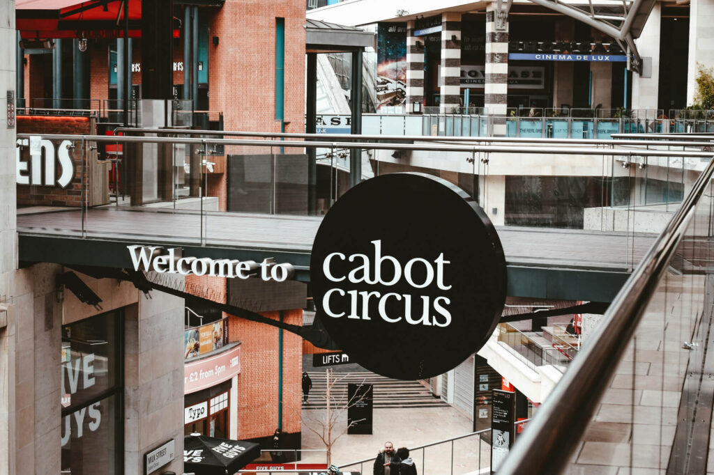 A sign reading "Welcome to Cabot Circus".