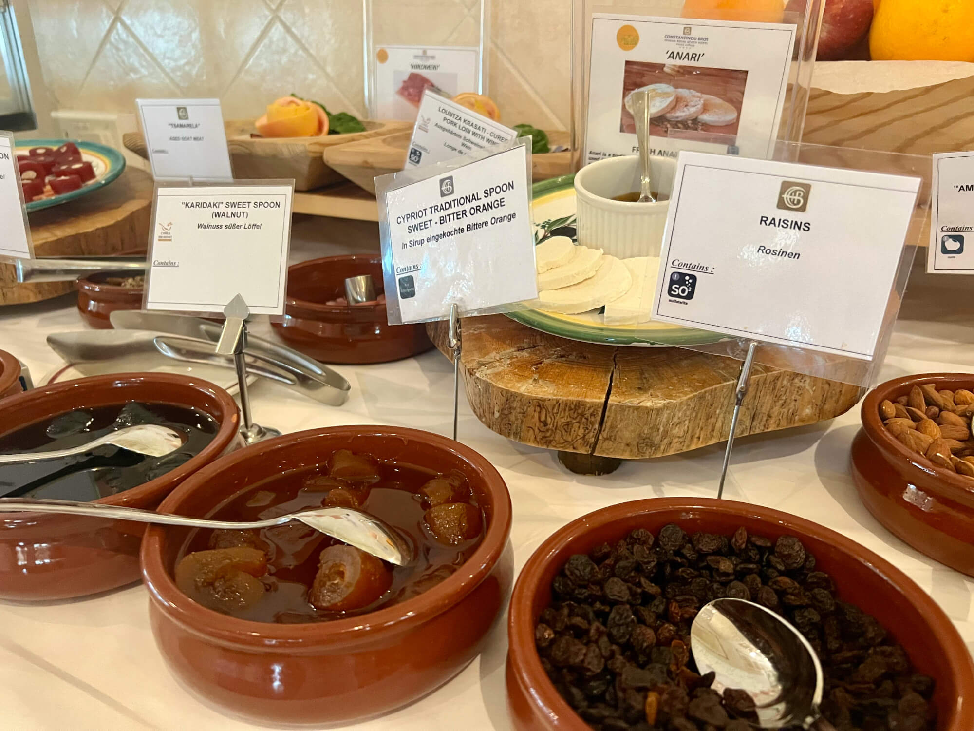 Traditional Cypriot breakfast foods at the buffet.