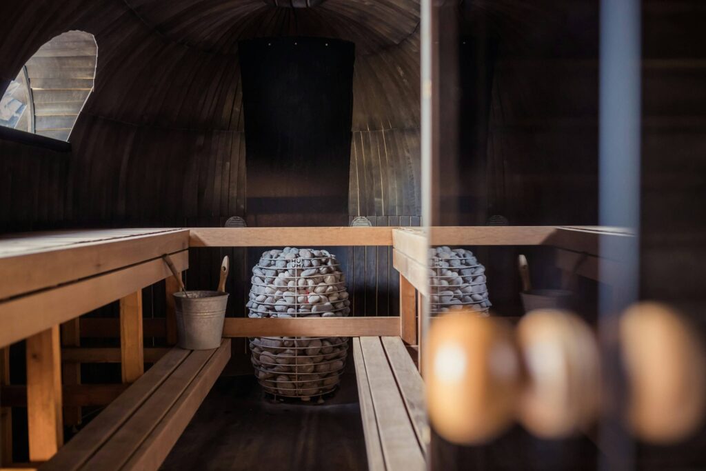 Inside a sauna.
