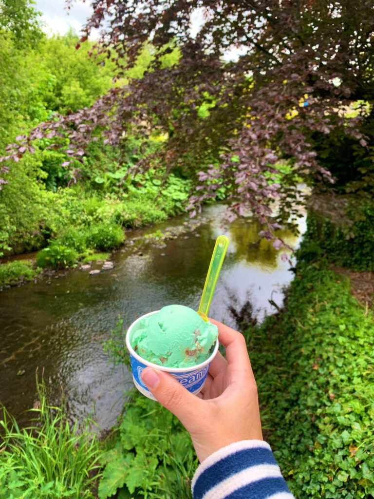A tub of mint chocolate chip ice cream held in front of a river in Baslow.