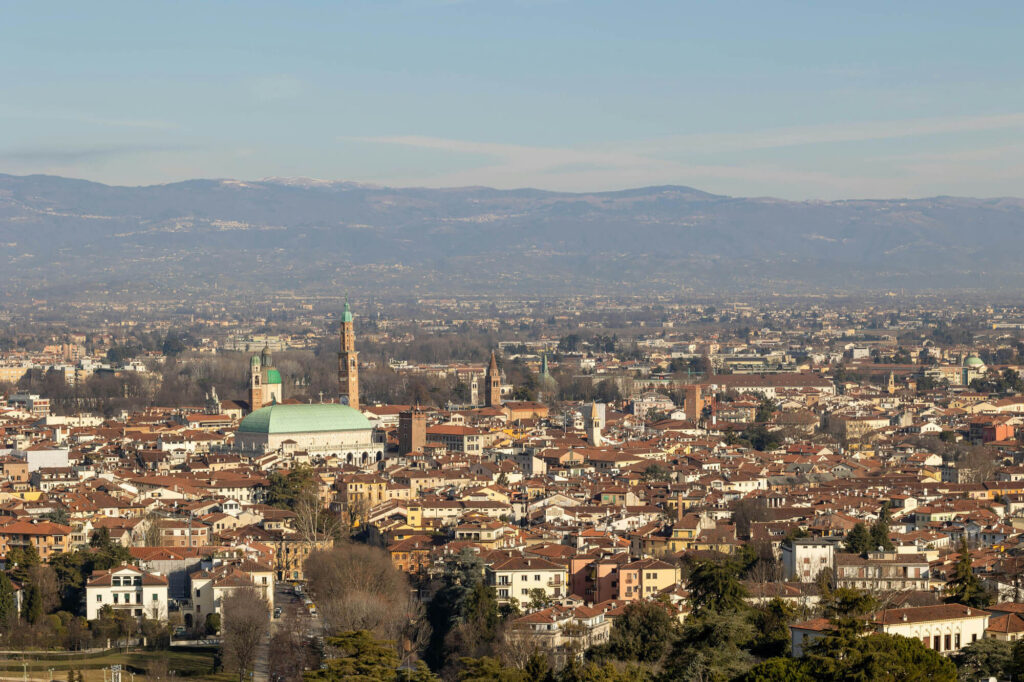 The city of Vicenza, Italy, seen from above.