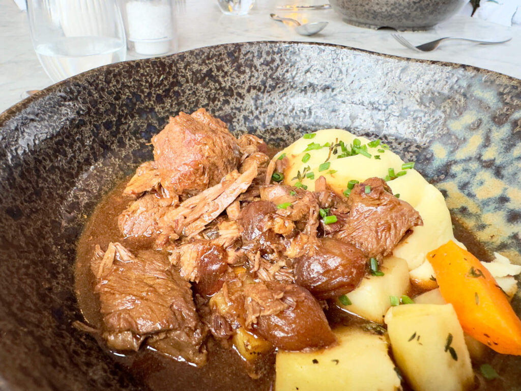 Braised beef with potatoes at Hoar Cross Hall.