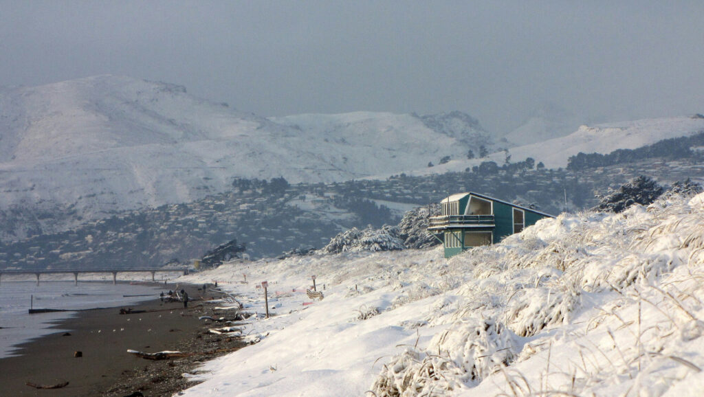Snow covering the ground in Christchurch, New Zealand.