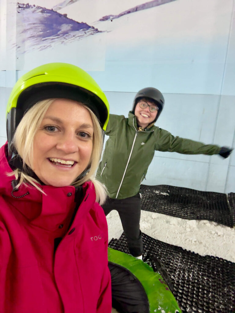 Sam and Cora take a selfie at Chill Factore in Manchester.