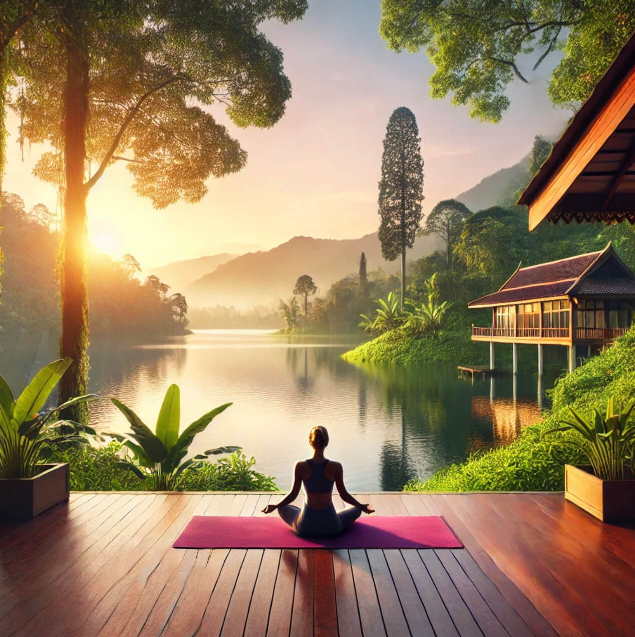 A person sits cross legged on a yoga mat in front of some beautiful scenery at sunset.