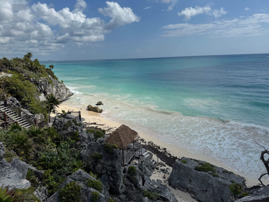 The sandy beach below the Tulum ruins in Mexico.