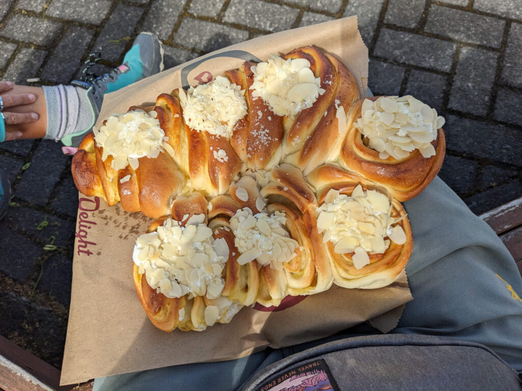 A sweet pastry with flaked almonds on top from Baker's Delight in Lake Taupo.