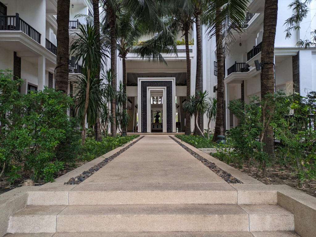 The ornamental entrance to the Lotus Blanc Hotel.