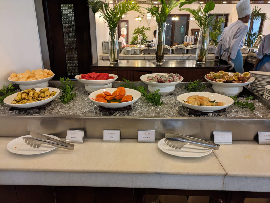 The breakfast buffet at the Lotus Blanc Hotel.