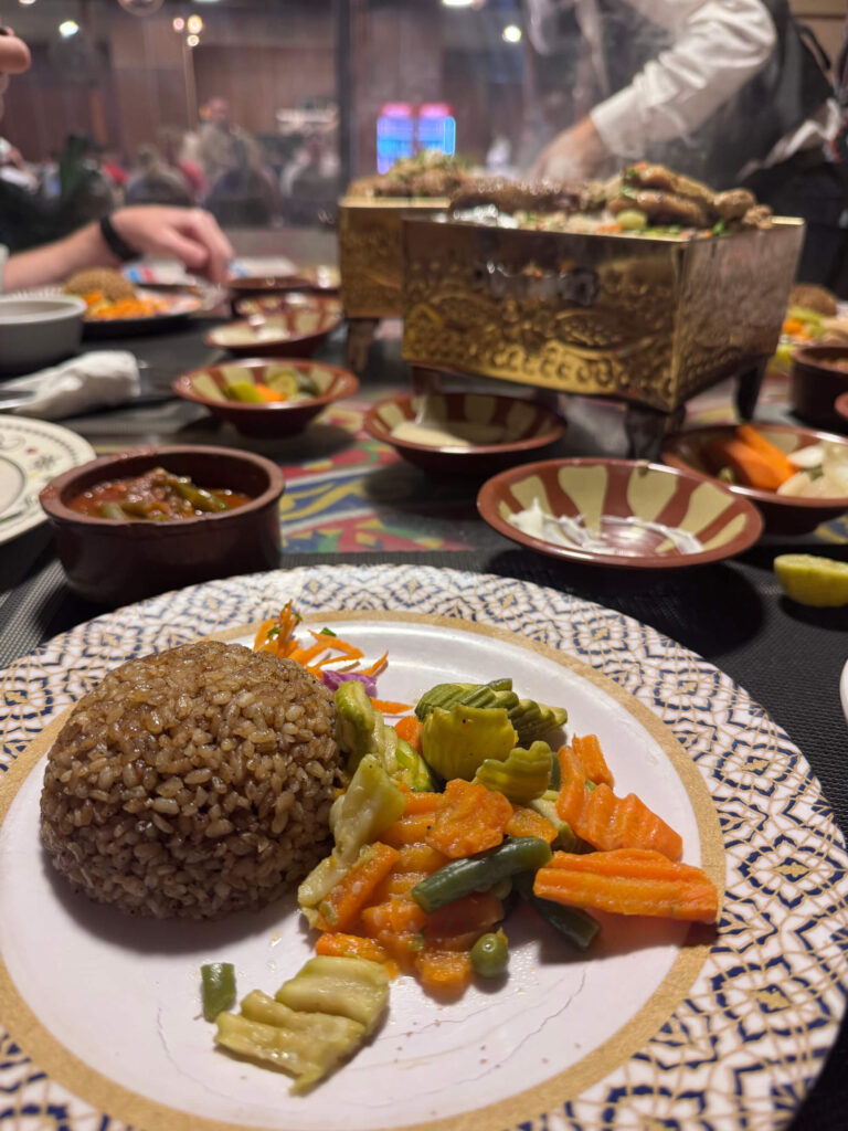 A plate with vegetables and rice on it in a restaurant in Cairo, Egypt.