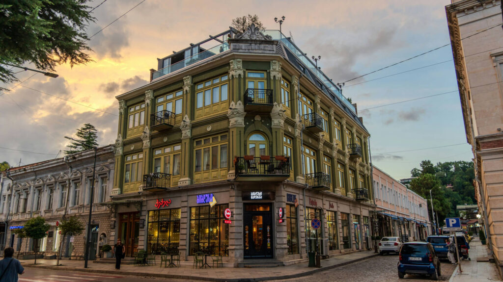 Grand building on the street corner at Kutaisi in Georgia.