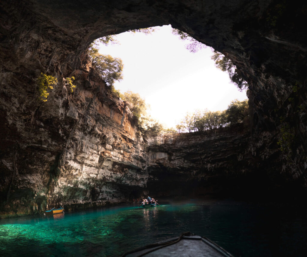 Rowing boats in a cave in Kefalonia.