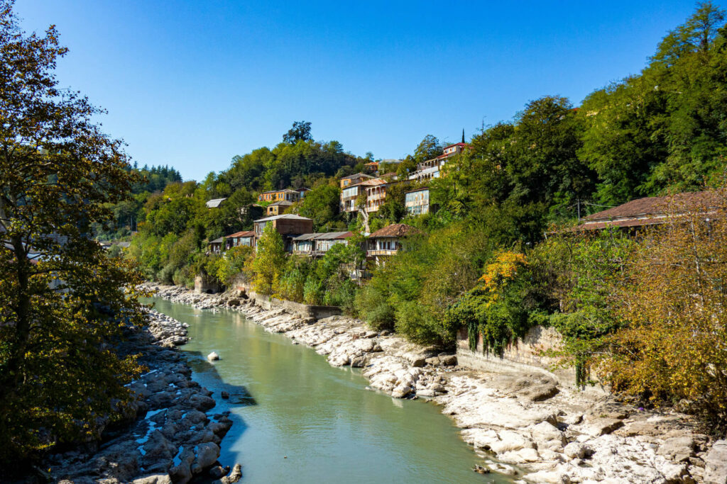 Low levels of the Rioni river running through the city of Kutaisi in Georgia.