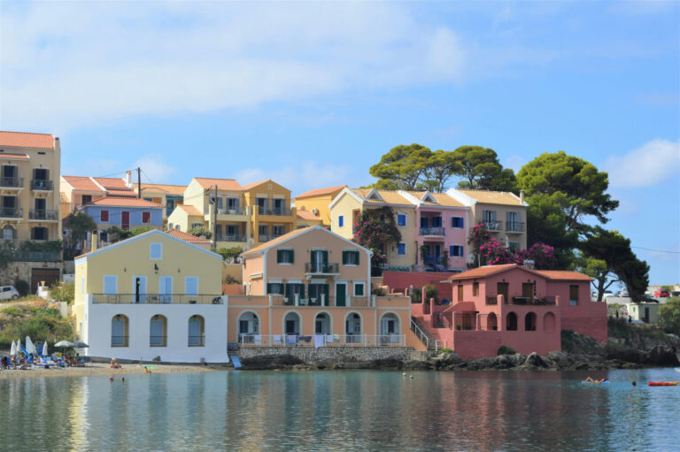 Colourful houses on the coastline of Kefalonia.