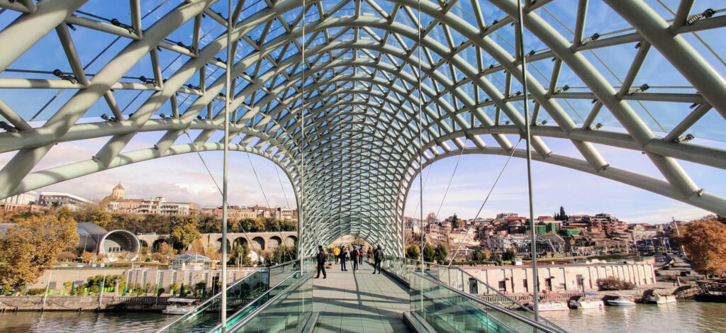 A view through the Bridge of Peace in Tbilisi, Georgia.