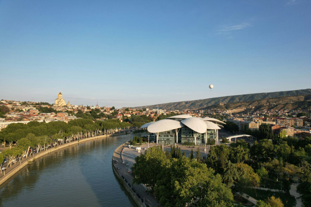 Interesting architecture on the banks of the river in Tbilisi, Georgia.