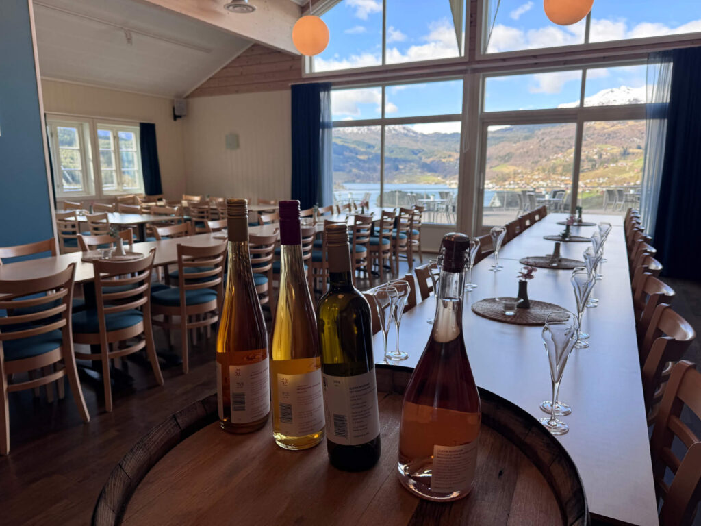Four bottles of cider in front of a window with views of mountains at Hardanger Juice and Ciderfactory in Norway.