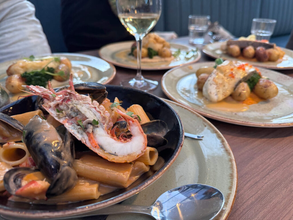 Seafood pasta dish and other fish dishes at Fish Me in Bergen.
