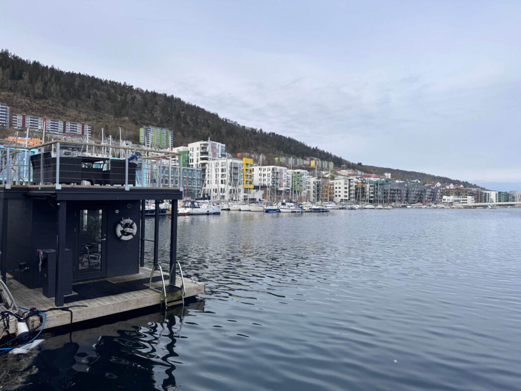 A floating sauna boat on the sea in Bergen.