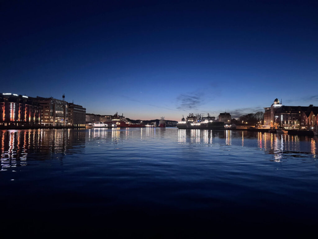 A view across Bergen Harbour at night.