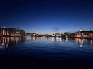 A view across Bergen Harbour at night.