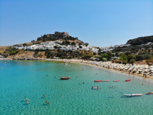 The beach and sea at Rhodes, Greece.