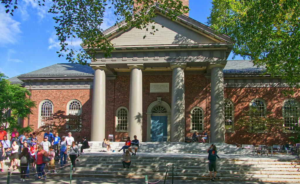 Students gathering outside Harvard University in Boston, USA.