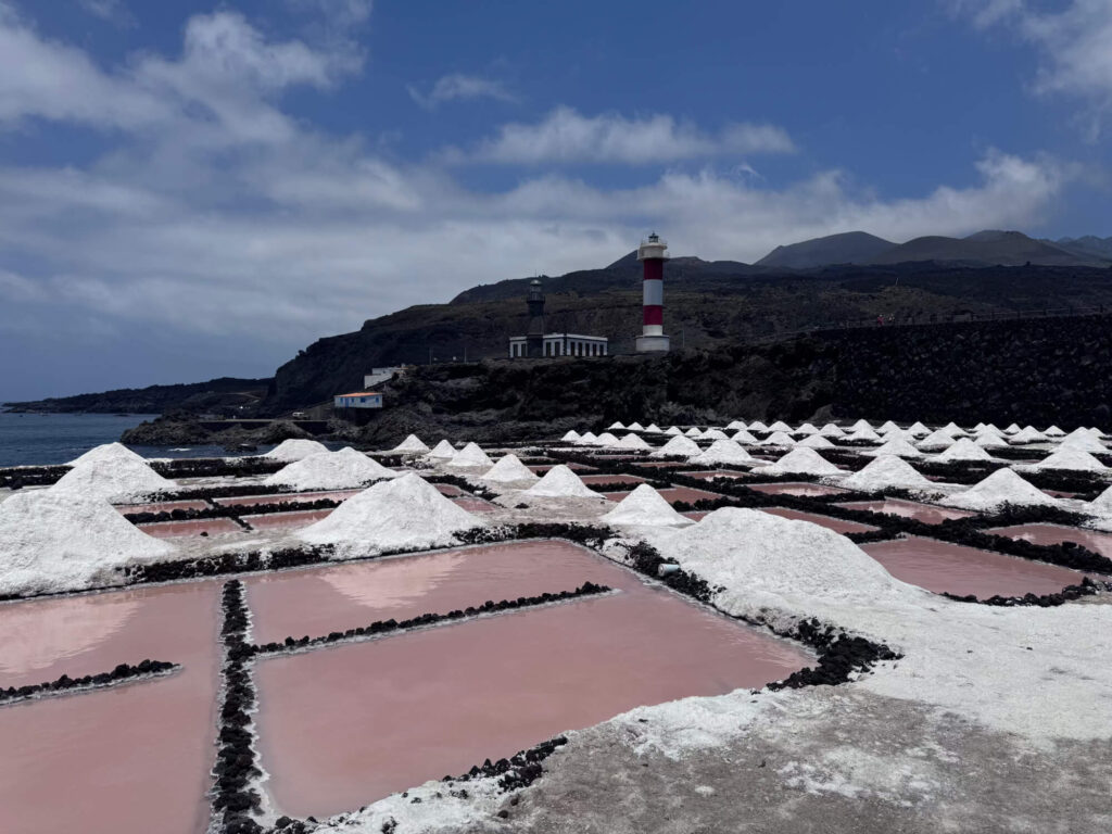 The pink Las Salinas de Fuencaliente salt flats.