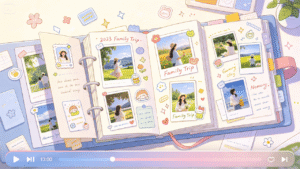 A travel scrapbook open at a double page.